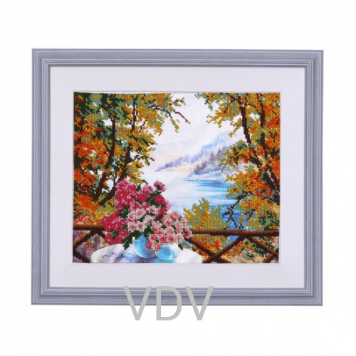 КВ Т-0283 "Пейзаж з букетом" (вишита картина бісером Preciosa (Чехія) 16х16 см