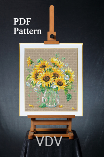 Електронна схема М-0376 "Соняхи у вазі" (PDF-схема для вишивання муліне ДМС) 22х25 см