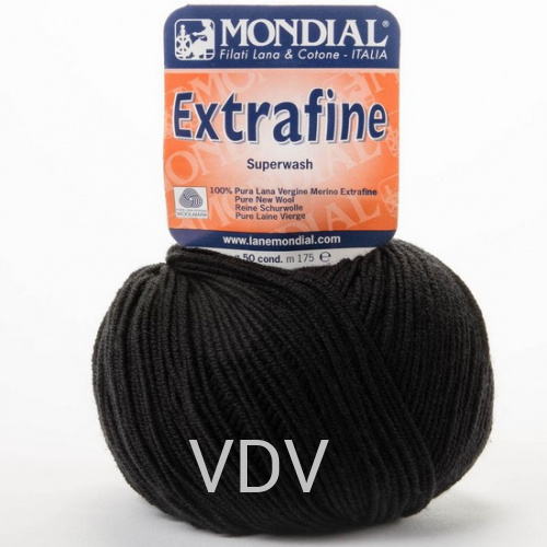 0200 Пряжа Mondial Extrafine (50 г/175 м) 100% вовна, чорний