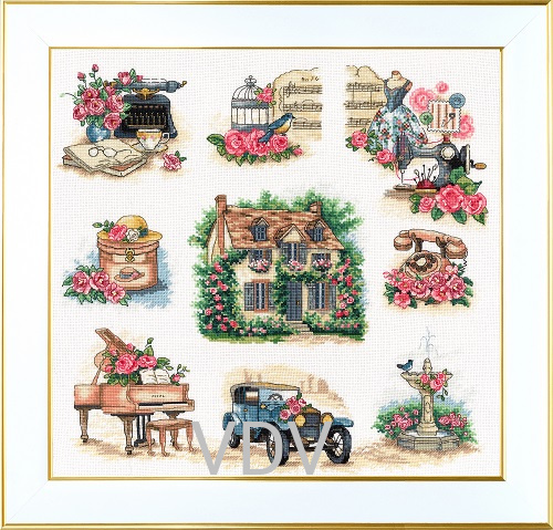 М-0368 "Історія будинку з трояндами" (набір для вишивання муліне ДМС) 38х38 см. Вишивка Будинок з Квітами.