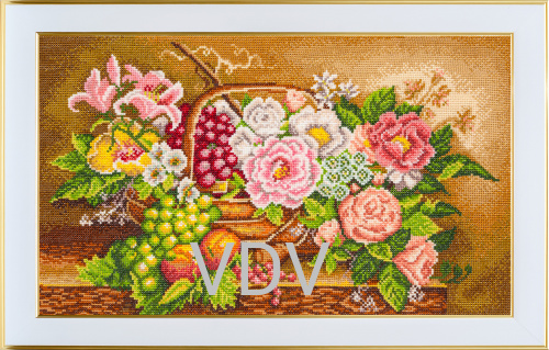 КВ М-0597 "Квіти в корзині"(вишита картина муліне ДМС) 40.5x23.5 см
