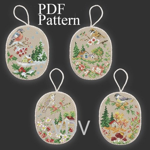 Електронна схема М-0395 "Іграшки "Пори року" (4 шт. в комплект (PDF-схема для вишивання муліне  ДМС) 8х10,5 см
