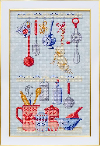 КВ М-0249 "Поличка на кухню" (вишита картина муліне ДМС)  на тканині DMC 222M мармур, 3325 25х40 см