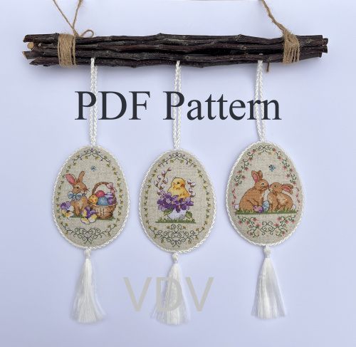 Електронна схема М-0333 "Великдень на порозі (3 іграшки)" (PDF-схема для вишивання муліне ДМС) 7х10,5 см