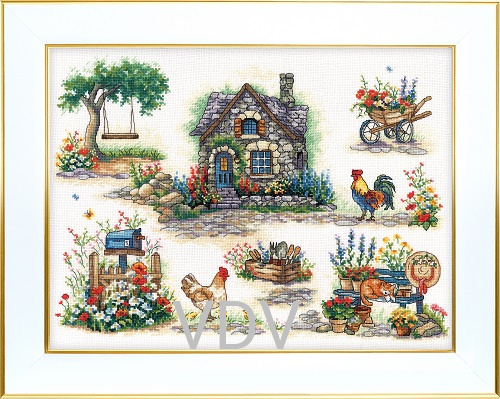 М-0352 "Літній відпочинок" (набір для вишивання муліне ДМС) 38х30 см. Вишивка Будинок з Квітами.