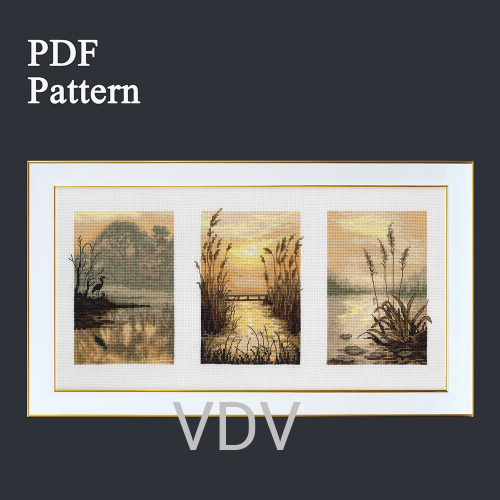 Електронна схема М-0393 "Триптих. Море" (PDF-схема для вишивання муліне ДМС) 38х20 см