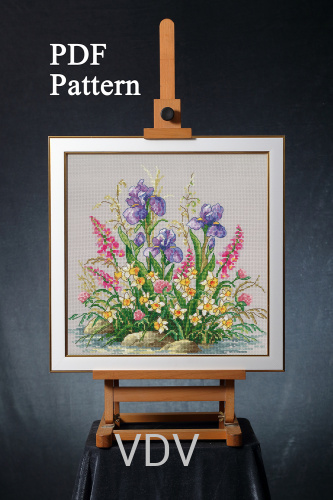Електронна схема М-0366 "Альпійські іриси" (PDF-схема для вишивання муліне ДМС) 23х23 см