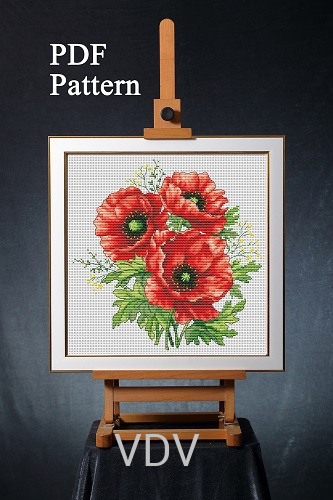 Електронна схема М-0312 "Маки" (PDF-схема для вишивання муліне ДМС) 20х20 см