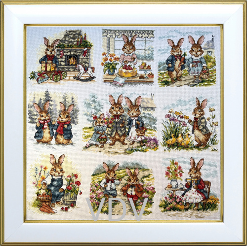 М-0308 "Родинні історії" (набір для вишивання муліне ДМС + бісер Preciosa) 38х38 см. Вишивка Зайці.