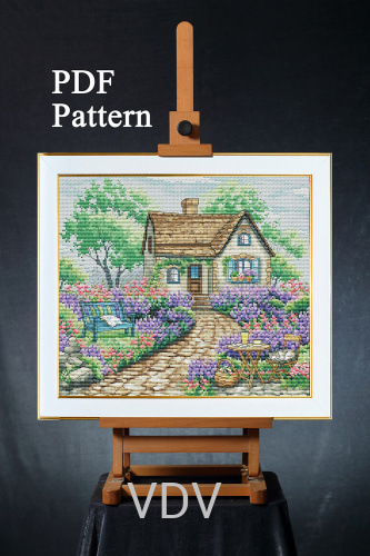 Електронна схема М-0367 "Будинок в лаванді" (PDF-схема для вишивання муліне ДМС) 25х22 см