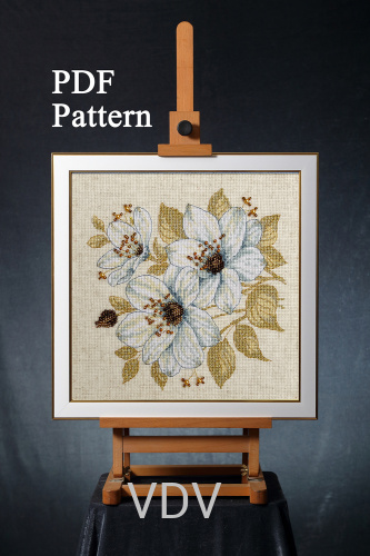 Електронна схема М-0315 "Золоте мереживо білих квітів" (PDF-схема для вишивання муліне ДМС)) 20х20 см