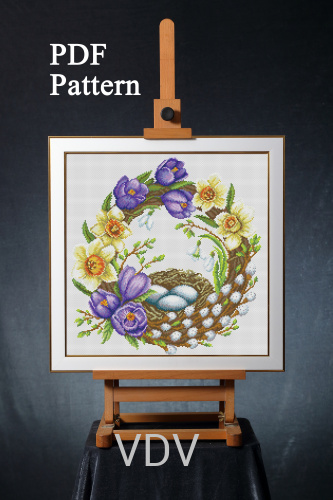Електронна схема М-0305 "Весняний віночок" (PDF-схема для вишивання муліне ДМС) 30х30 см
