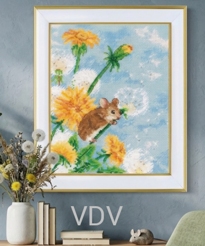 КВ М-0394 "Мишка на кульбабці" (вишита картина муліне ДМС) 16х20 см