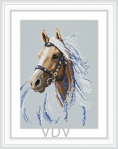 М-1333 "Блискавка" (набір для вишивання муліне ДМС) на тканині DMC 229М/3325 блакитний мармур 25х33 см. Вишивка Коні.