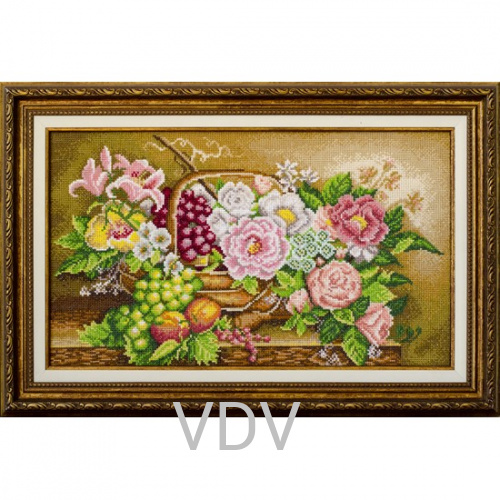 КВ М-0597 "Квіти в корзині"(вишита картина муліне ДМС) 40.5x23.5 см