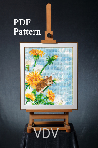 Електронна схема М-0394 "Мишка на кульбабці" (PDF-схема для вишивання муліне  ДМС) 16х20 см